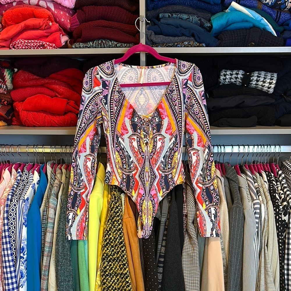 Free People multicolored front tie long sleeve bodysuit size S